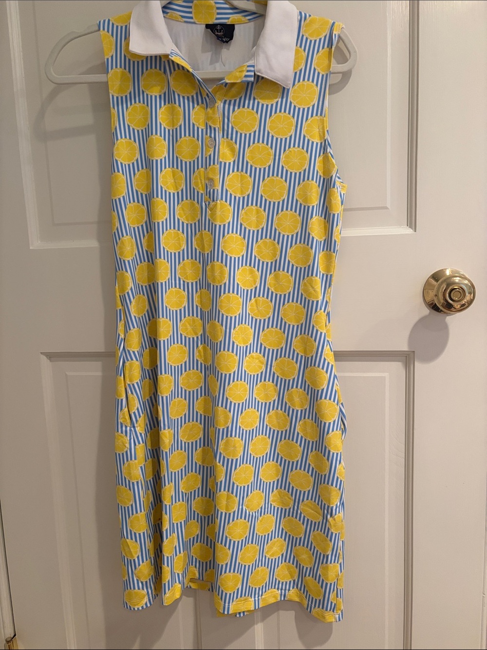 Sleeveless Lemon-Print Polo Dress in Blue & Yellow